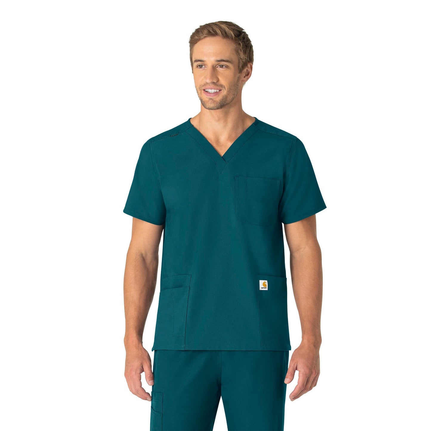 Force Essentials C15013 Unisex V-Neck 6-Pocket Scrub Top Caribbean Blue Model Image Front | Carhartt