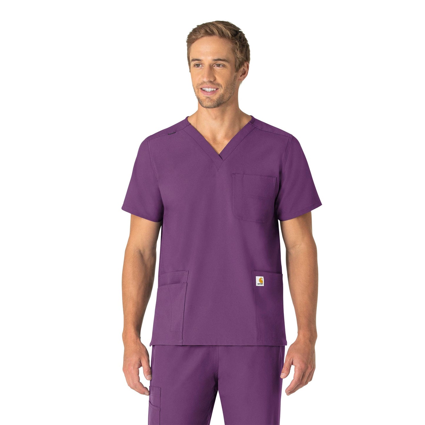 Force Essentials C15013 Unisex V-Neck 6-Pocket Scrub Top Eggplant Model Image Front | Carhartt