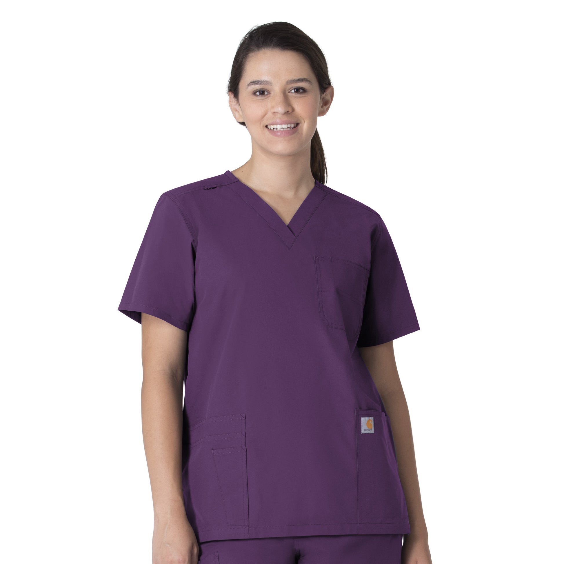 Force Essentials C15013 Unisex V-Neck 6-Pocket Scrub Top Eggplant Model Image Front | Carhartt