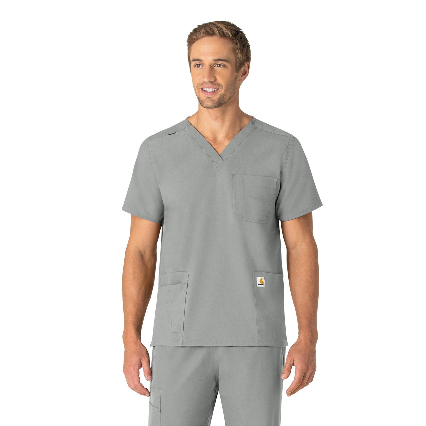 Force Essentials C15013 Unisex V-Neck 6-Pocket Scrub Top Grey Model Image Front | Carhartt