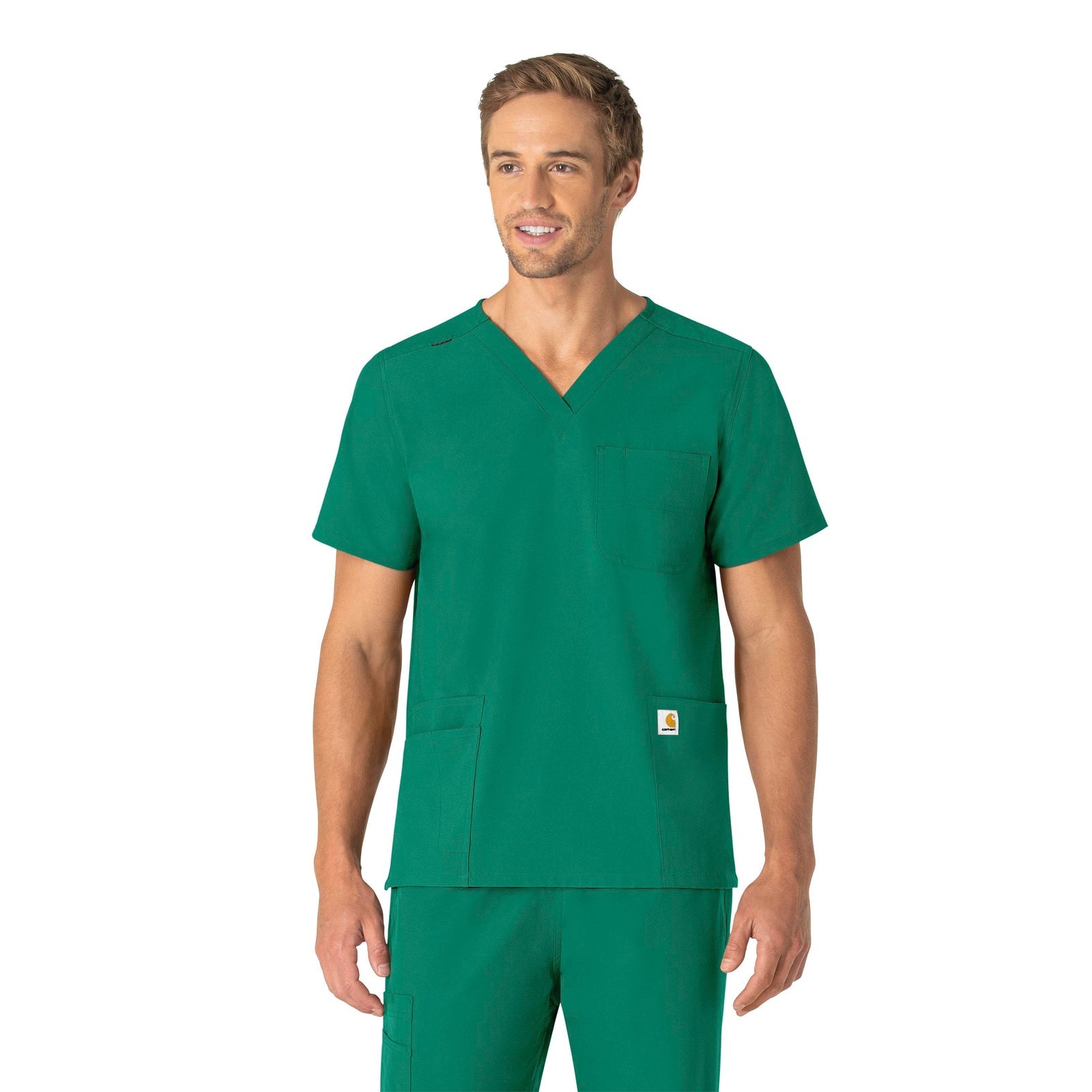 Force Essentials C15013 Unisex V-Neck 6-Pocket Scrub Top Hunter Model Image Front | Carhartt