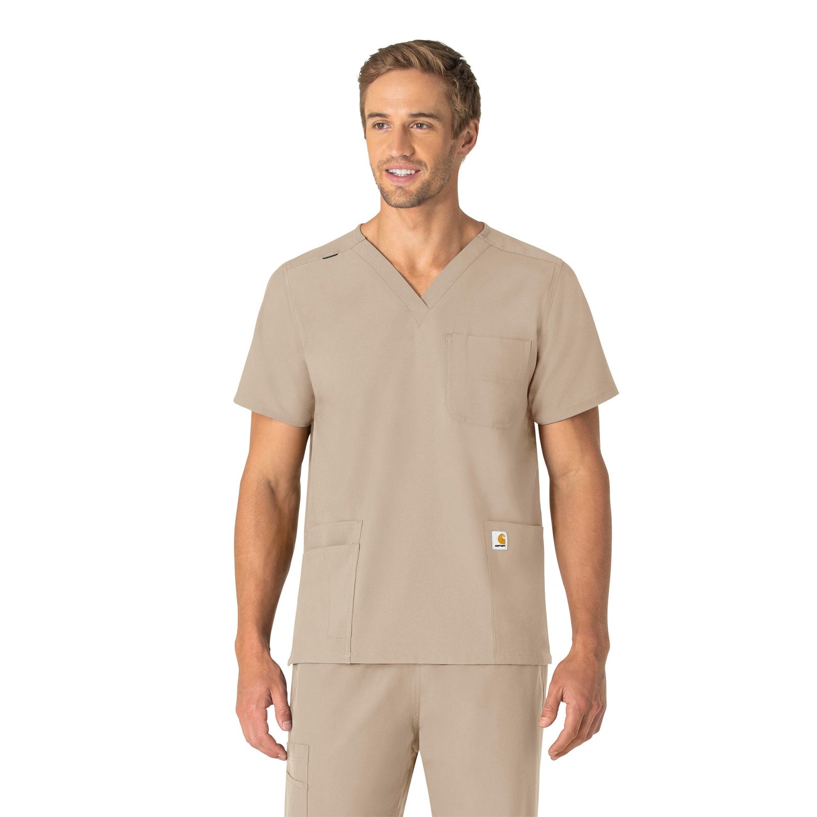 Force Essentials C15013 Unisex V-Neck 6-Pocket Scrub Top Khaki Model Image Front | Carhartt