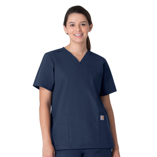 Force Essentials C15013 Unisex V-Neck 6-Pocket Scrub Top Navy Model Image Front | Carhartt