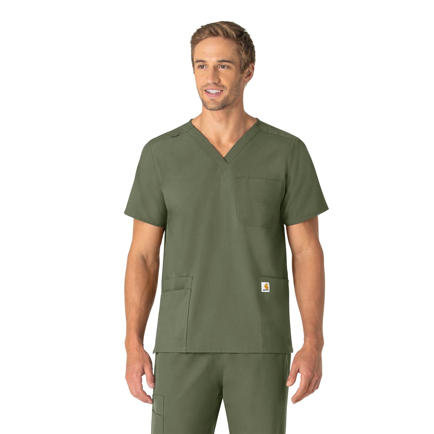 Force Essentials C15013 Unisex V-Neck 6-Pocket Scrub Top Olive Model Image Front | Carhartt