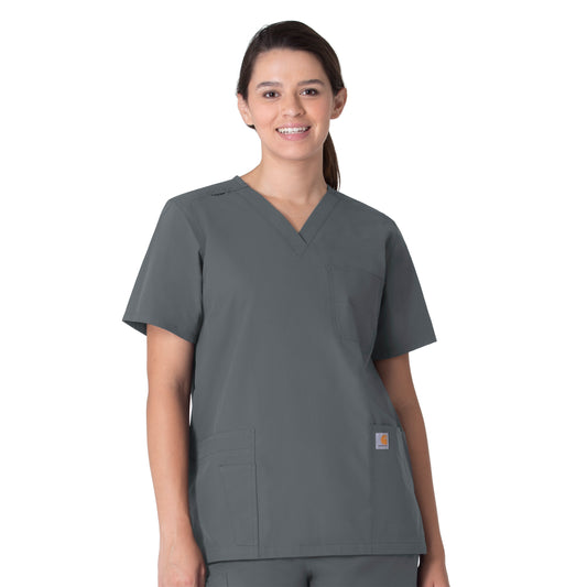 Force Essentials C15013 Unisex V-Neck 6-Pocket Scrub Top Pewter Model Image Front | Carhartt