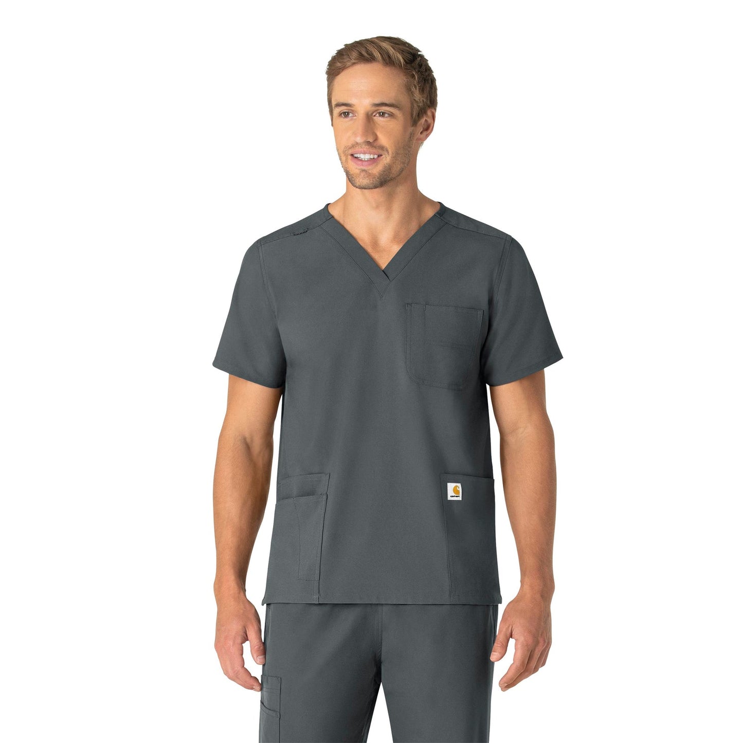 Force Essentials C15013 Unisex V-Neck 6-Pocket Scrub Top Pewter Model Image Front | Carhartt