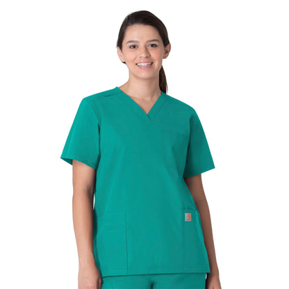 Force Essentials C15013 Unisex V-Neck 6-Pocket Scrub Top Teal Blue Model Image Front | Carhartt