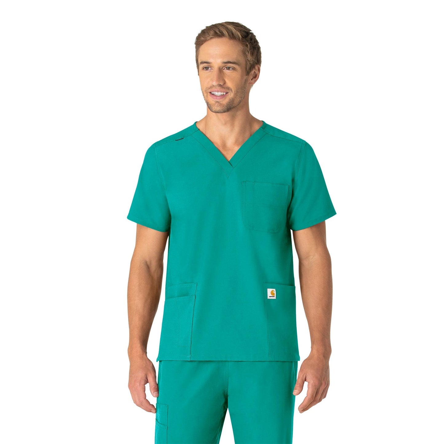 Force Essentials C15013 Unisex V-Neck 6-Pocket Scrub Top Teal Blue Model Image Front | Carhartt