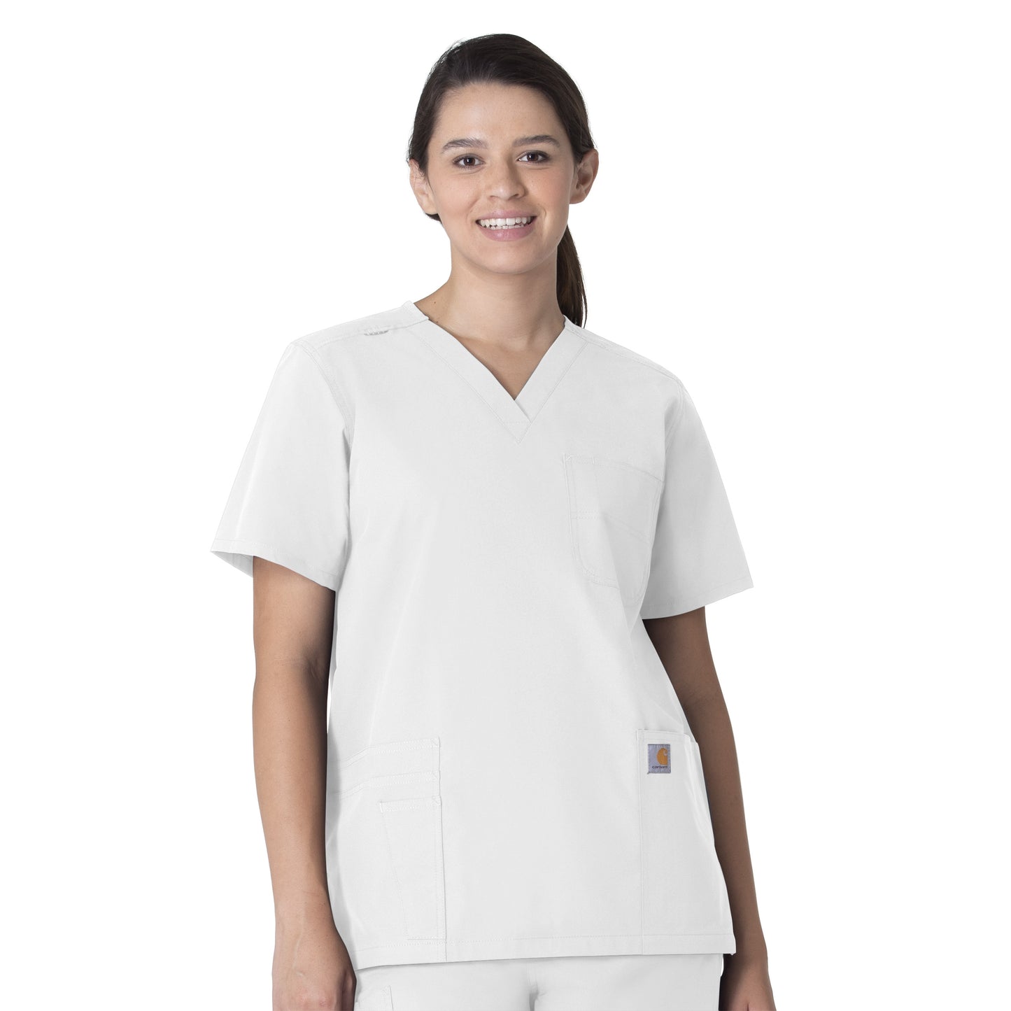 Force Essentials C15013 Unisex V-Neck 6-Pocket Scrub Top White Model Image Front | Carhartt