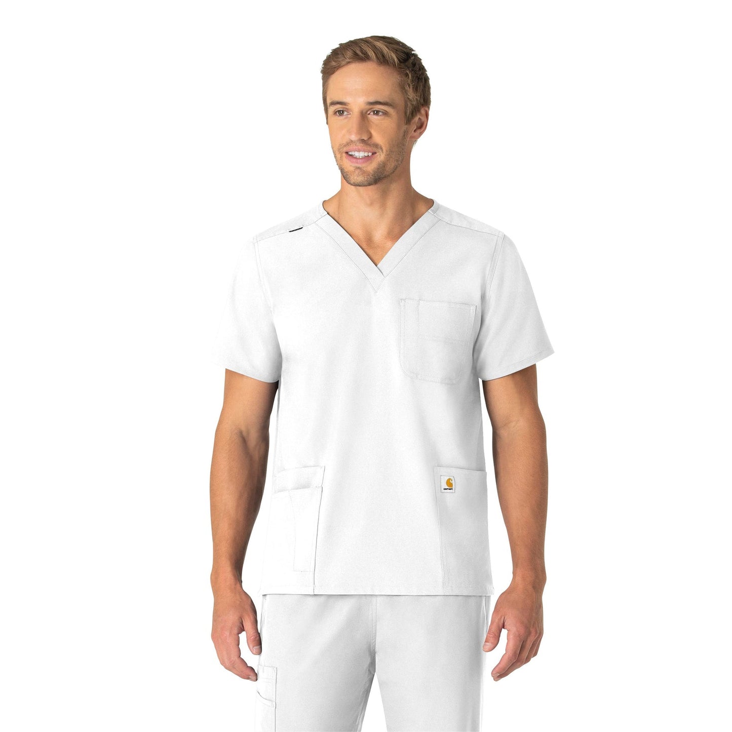 Force Essentials C15013 Unisex V-Neck 6-Pocket Scrub Top White Model Image Front | Carhartt