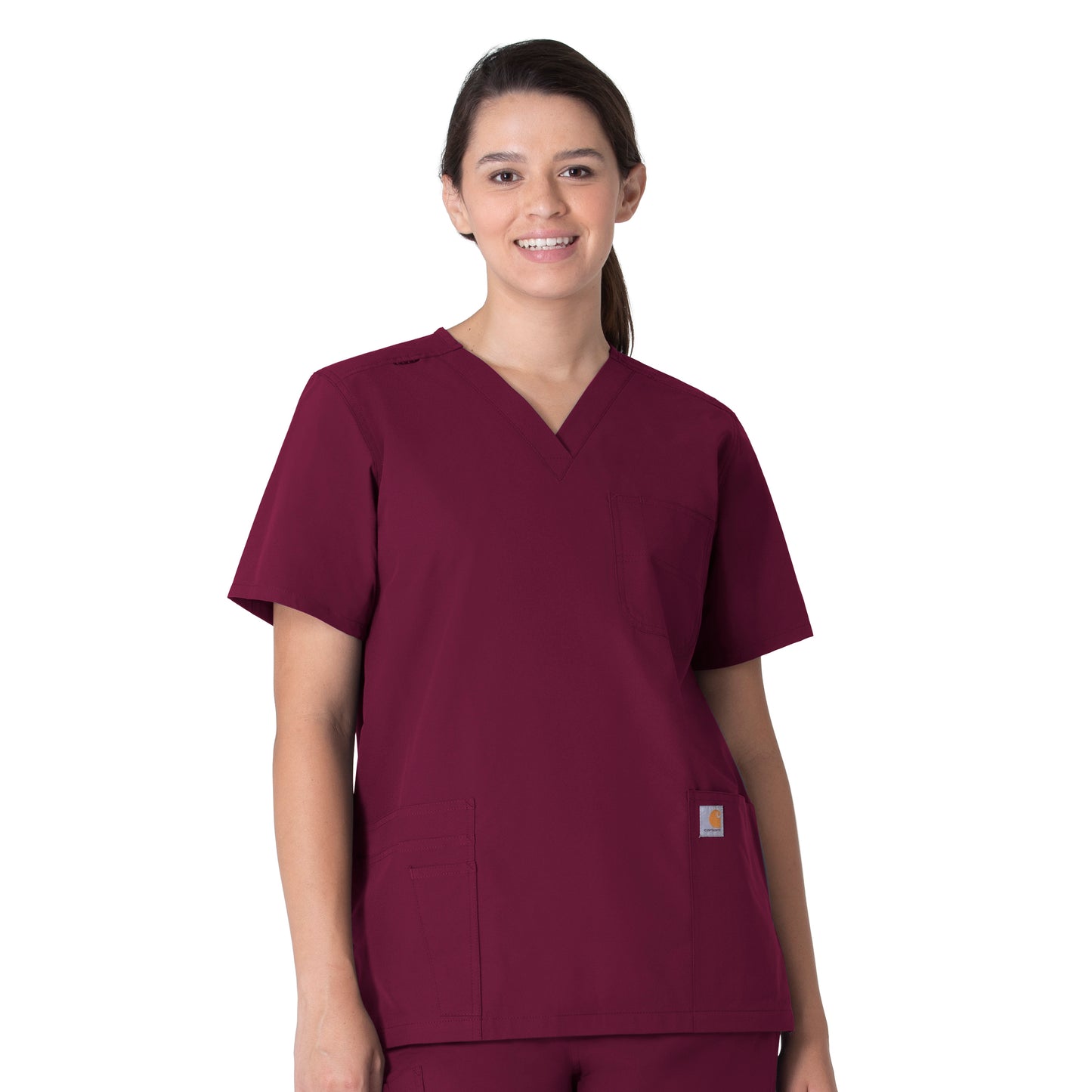 Force Essentials C15013 Unisex V-Neck 6-Pocket Scrub Top Wine Model Image Front | Carhartt