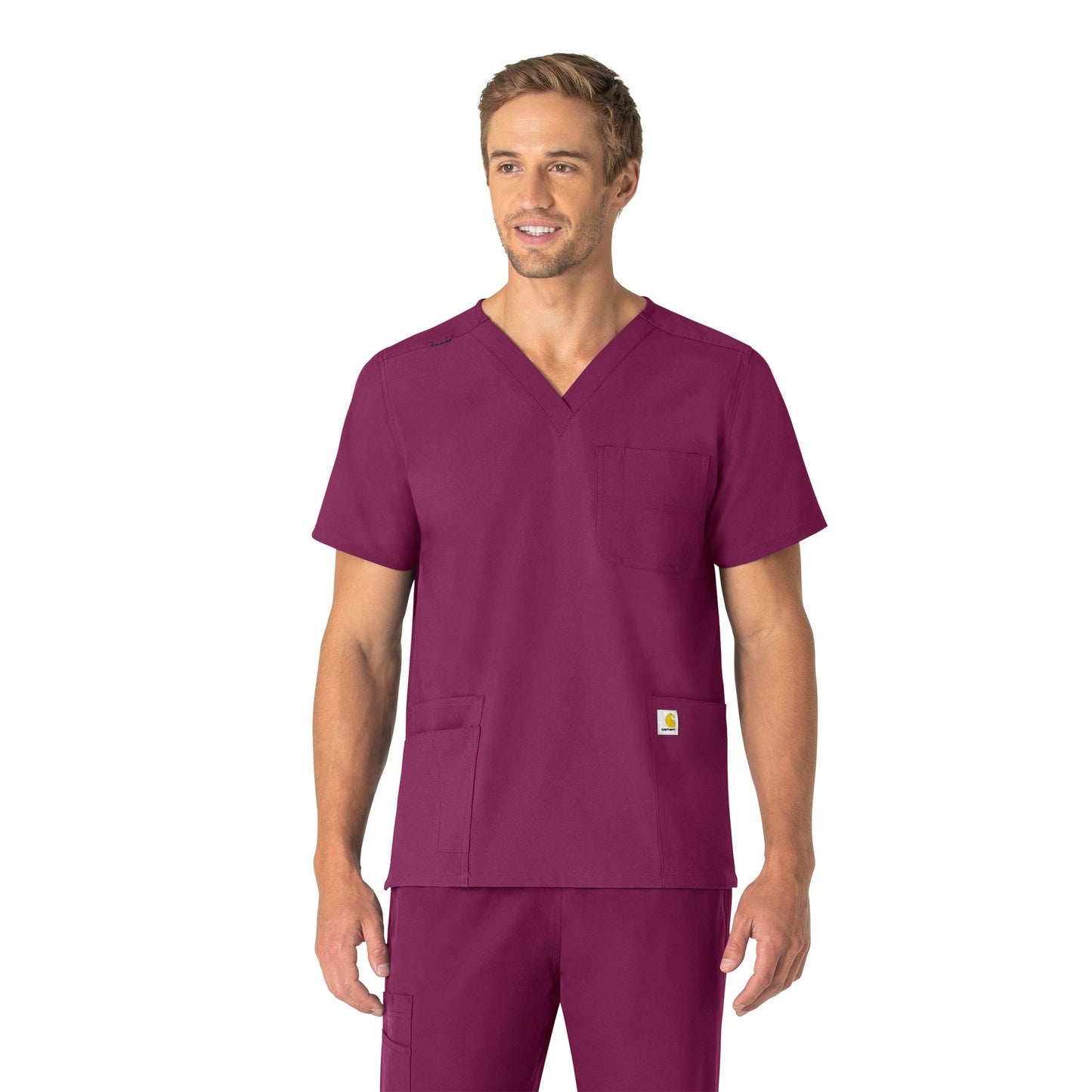 Force Essentials C15013 Unisex V-Neck 6-Pocket Scrub Top Wine Model Image Front | Carhartt