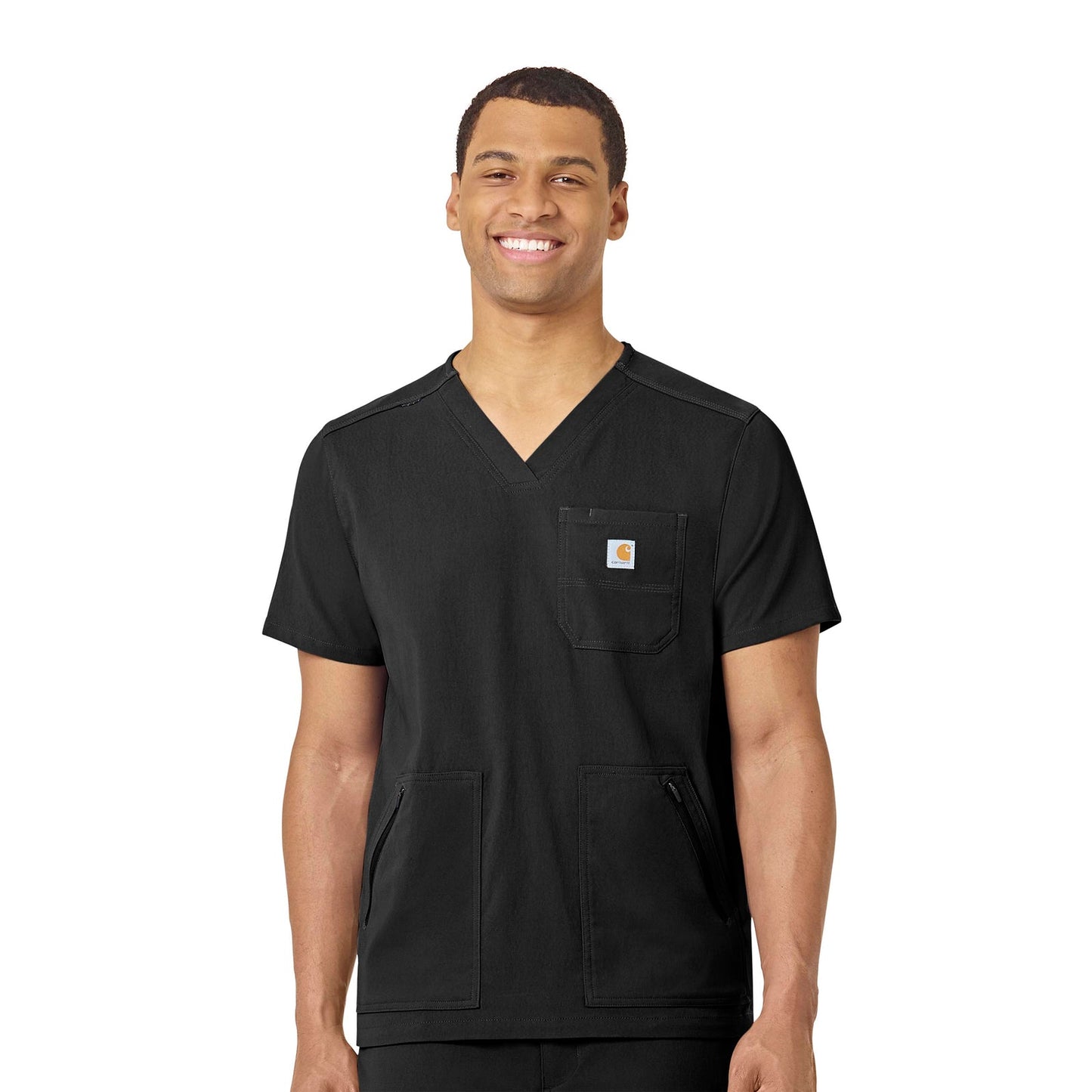 Rugged Flex Peak C15037 Men's 5-Pocket V-Neck Scrub Top Black Model Image Front | Carhartt