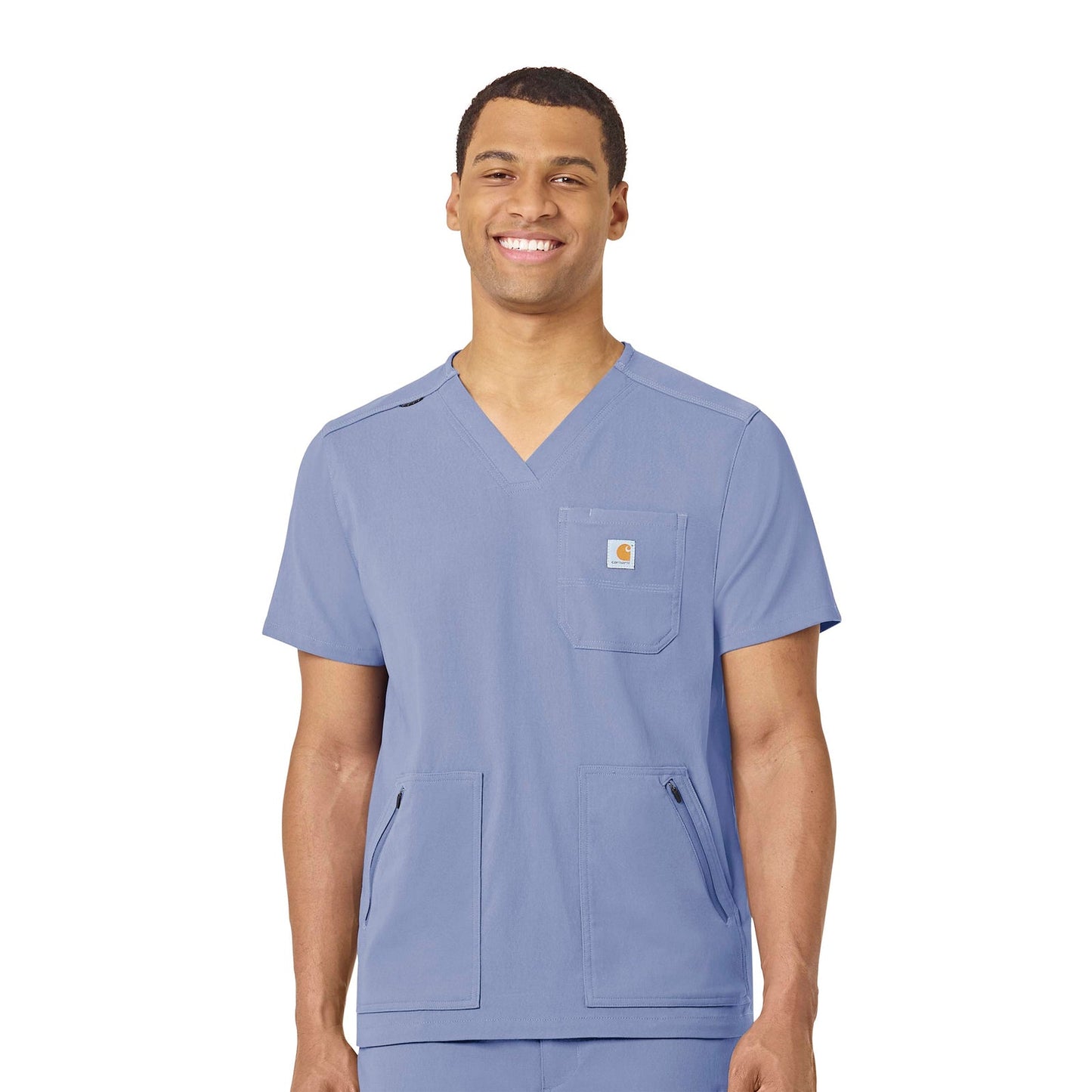 Rugged Flex Peak C15037 Men's 5-Pocket V-Neck Scrub Top Ceil Blue Model Image Front | Carhartt