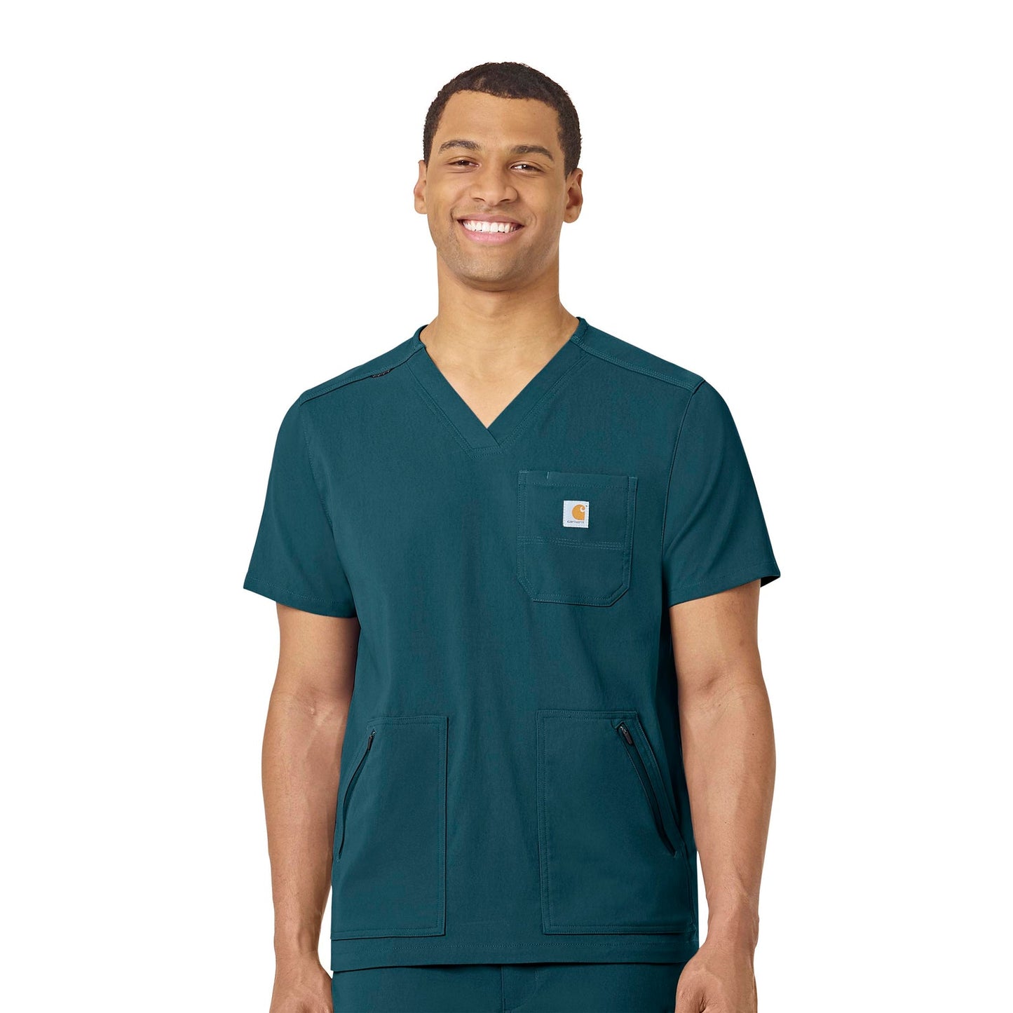 Rugged Flex Peak C15037 Men's 5-Pocket V-Neck Scrub Top Caribbean Blue Model Image Front | Carhartt