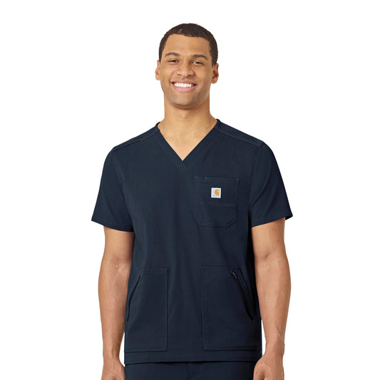 Rugged Flex Peak C15037 Men's 5-Pocket V-Neck Scrub Top Navy Model Image Front | Carhartt