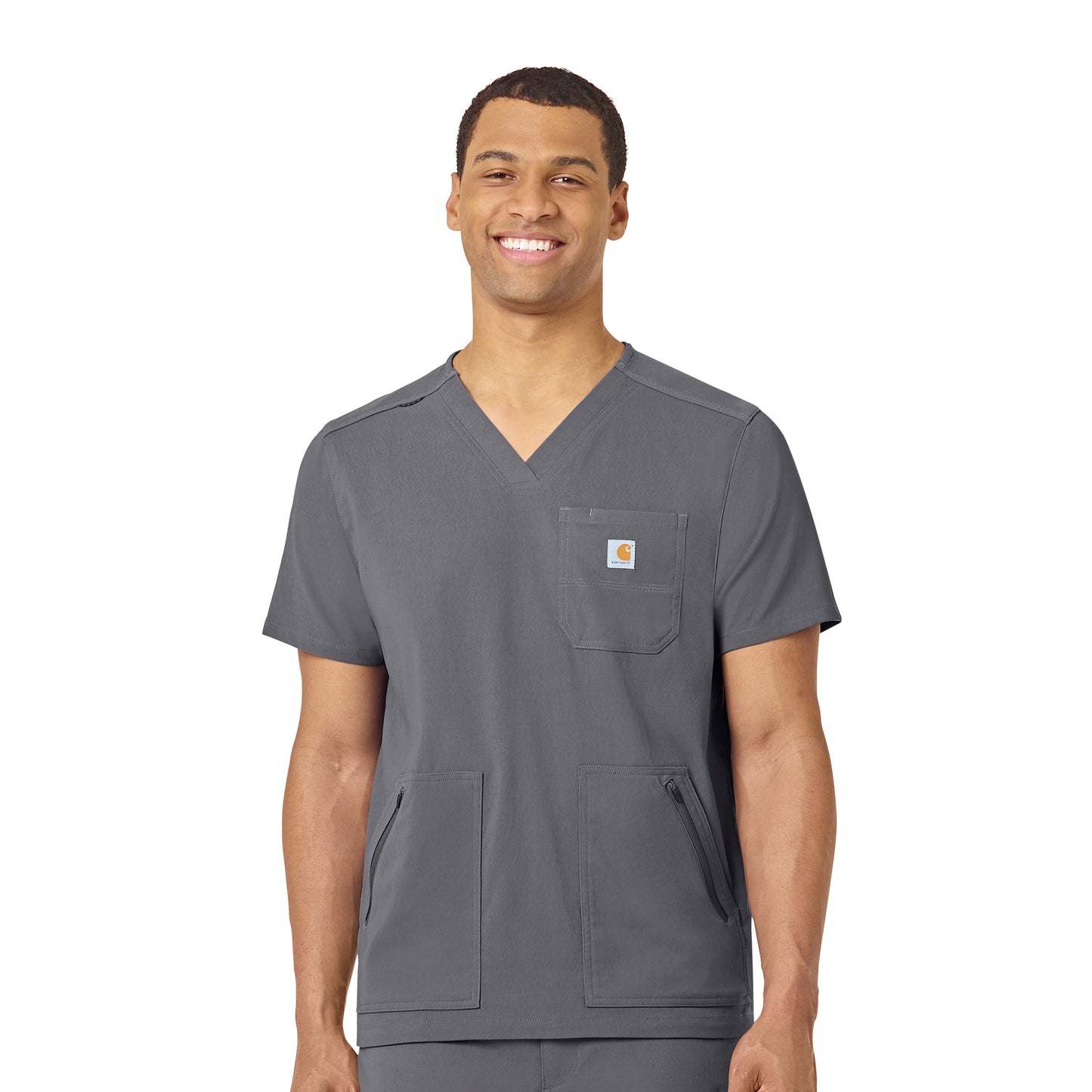 Rugged Flex Peak C15037 Men's 5-Pocket V-Neck Scrub Top Pewter Model Image Front | Carhartt