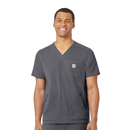 Rugged Flex Peak C15037 Men's 5-Pocket V-Neck Scrub Top Pewter Model Image Front | Carhartt