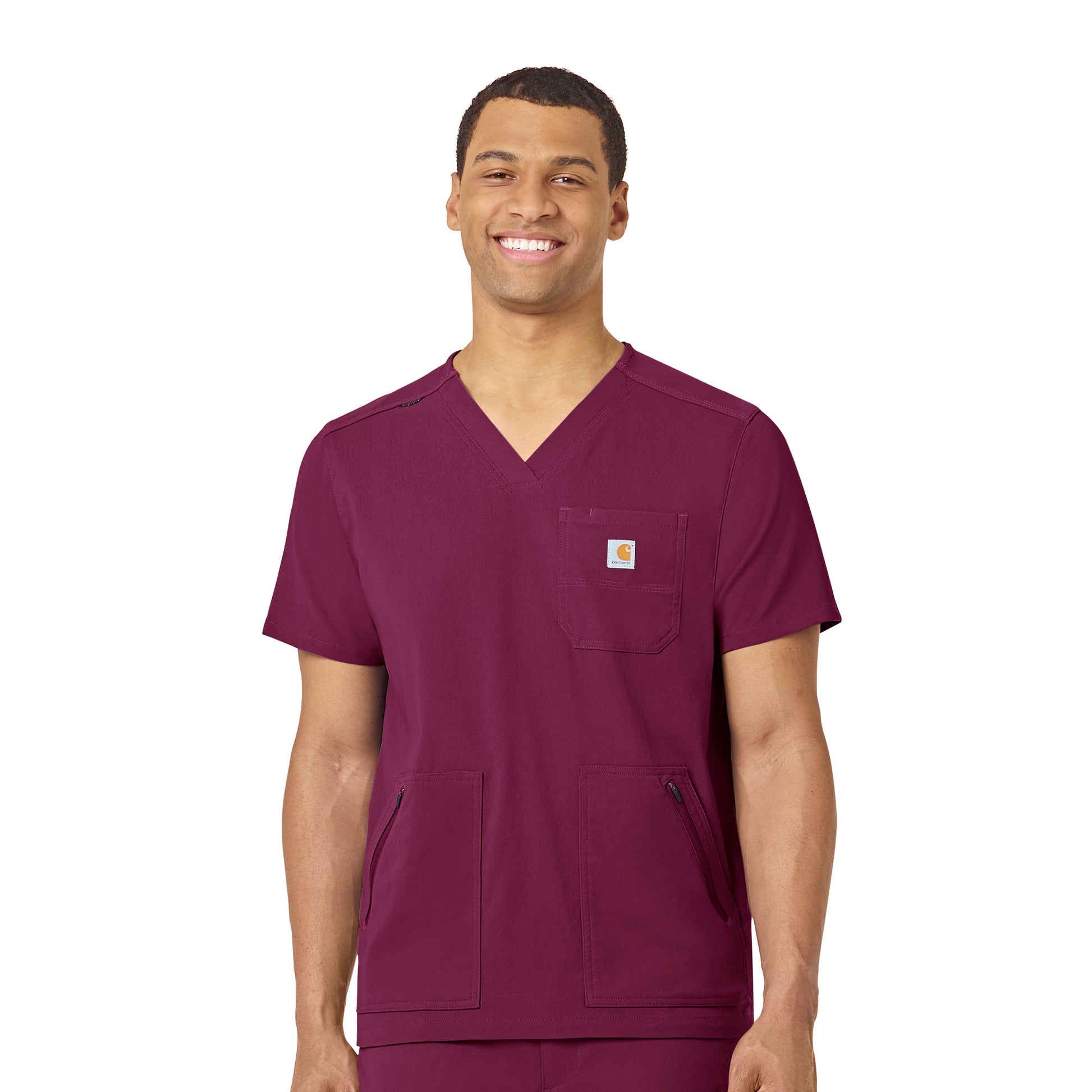 Rugged Flex Peak C15037 Men's 5-Pocket V-Neck Scrub Top Wine Model Image Front | Carhartt