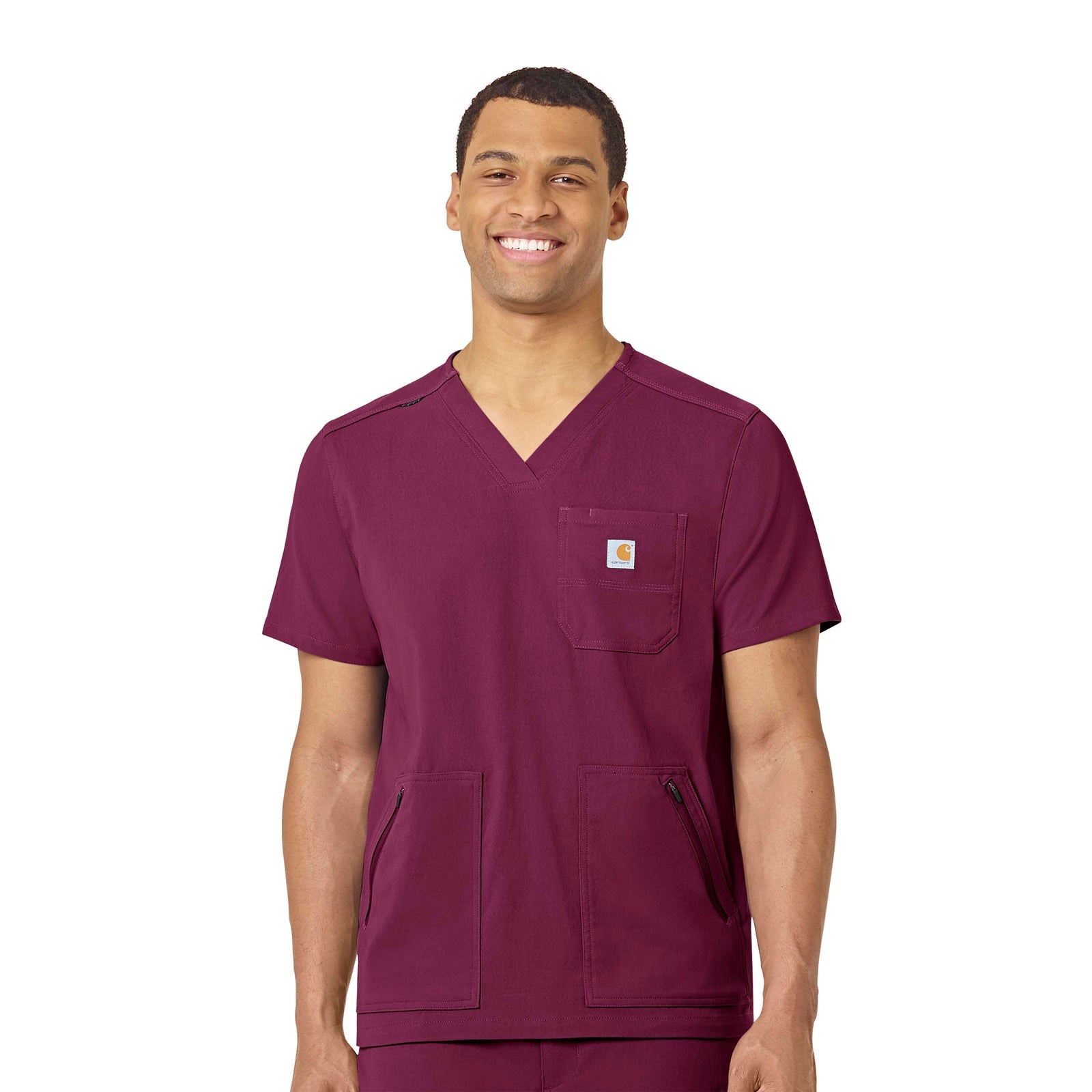 Rugged Flex Peak C15037 Men's 5-Pocket V-Neck Scrub Top Wine Model Image Front | Carhartt