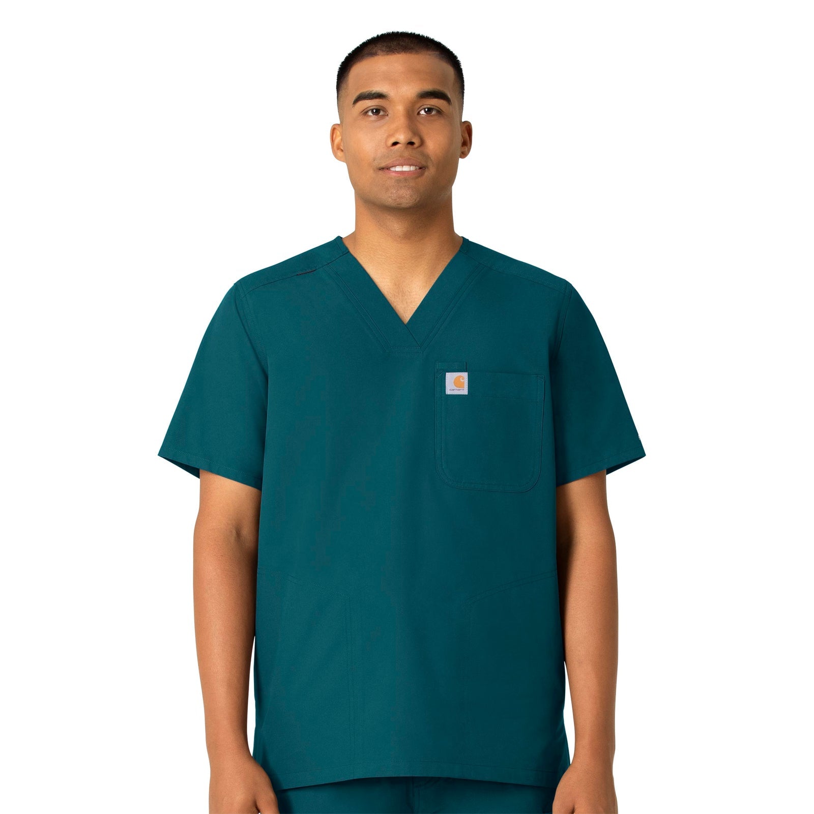 Force Essentials C16113 Men's V-Neck Shirttail Scrub Top Caribbean Blue Model Image Front | Carhartt