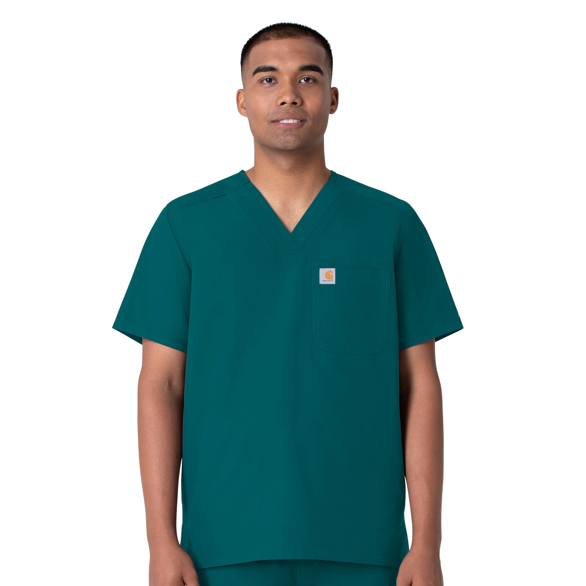 Force Essentials C16113 Men's V-Neck Shirttail Scrub Top Caribbean Blue Model Image Front | Carhartt