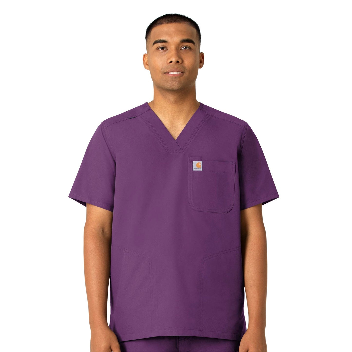 Force Essentials C16113 Men's V-Neck Shirttail Scrub Top Eggplant Model Image Front | Carhartt