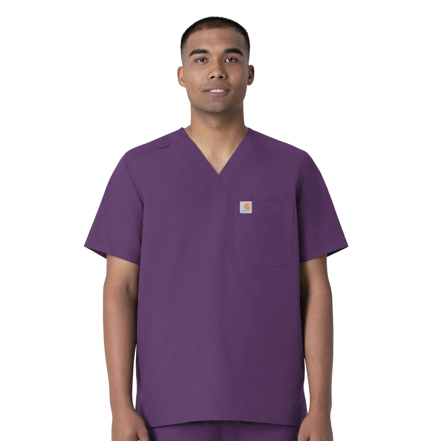 Force Essentials C16113 Men's V-Neck Shirttail Scrub Top Eggplant Model Image Front | Carhartt