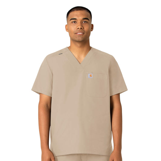 Force Essentials C16113 Men's V-Neck Shirttail Scrub Top Khaki Model Image Front | Carhartt