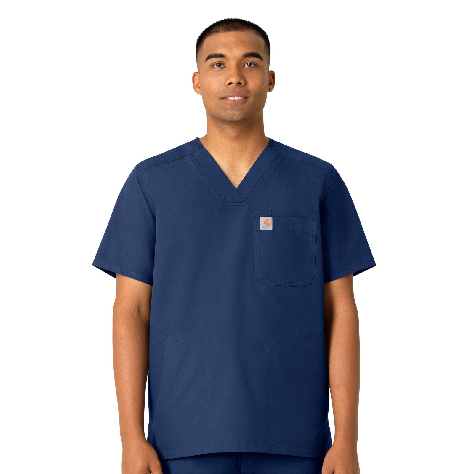 Force Essentials C16113 Men's V-Neck Shirttail Scrub Top Navy Model Image Front | Carhartt