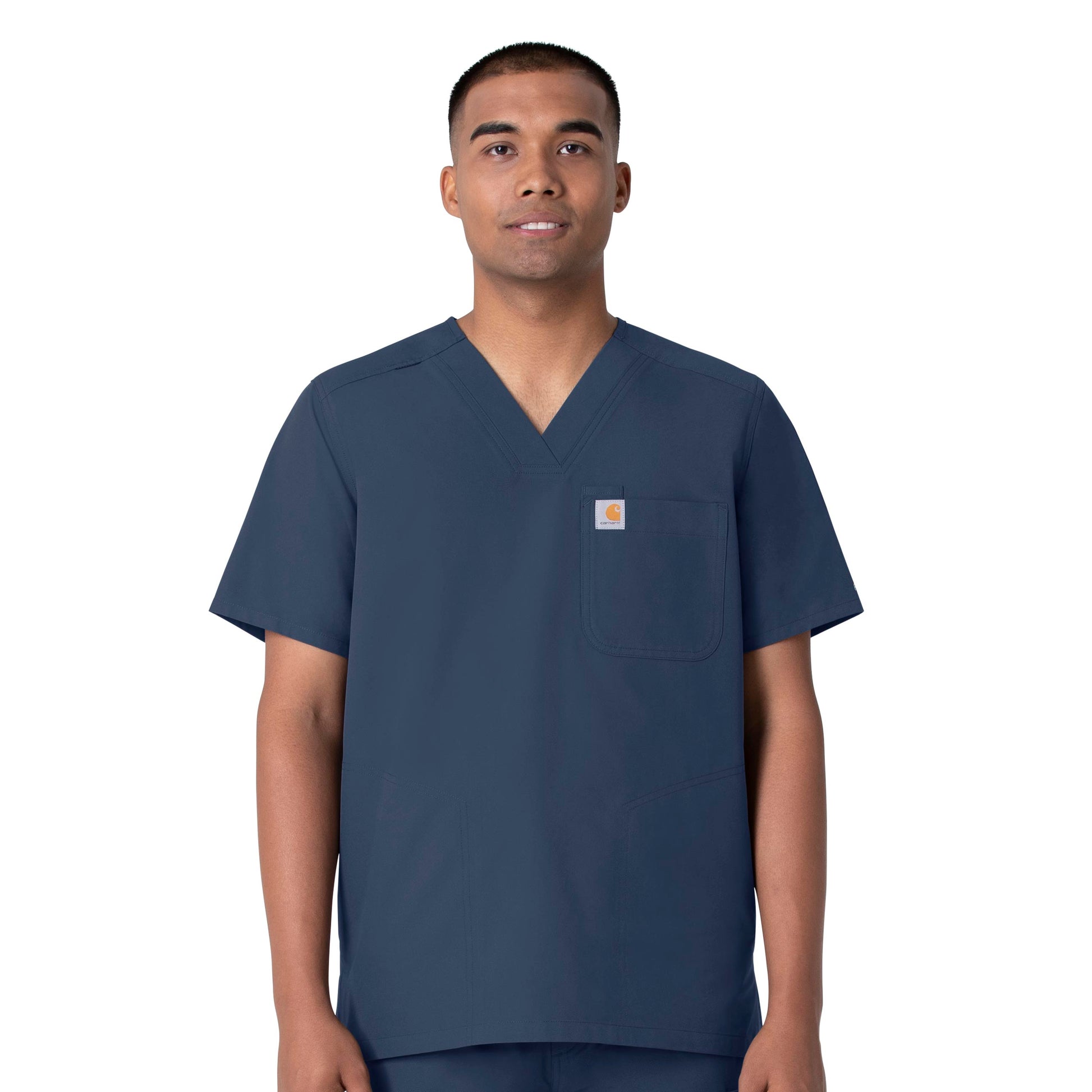 Force Essentials C16113 Men's V-Neck Shirttail Scrub Top Navy Model Image Front | Carhartt