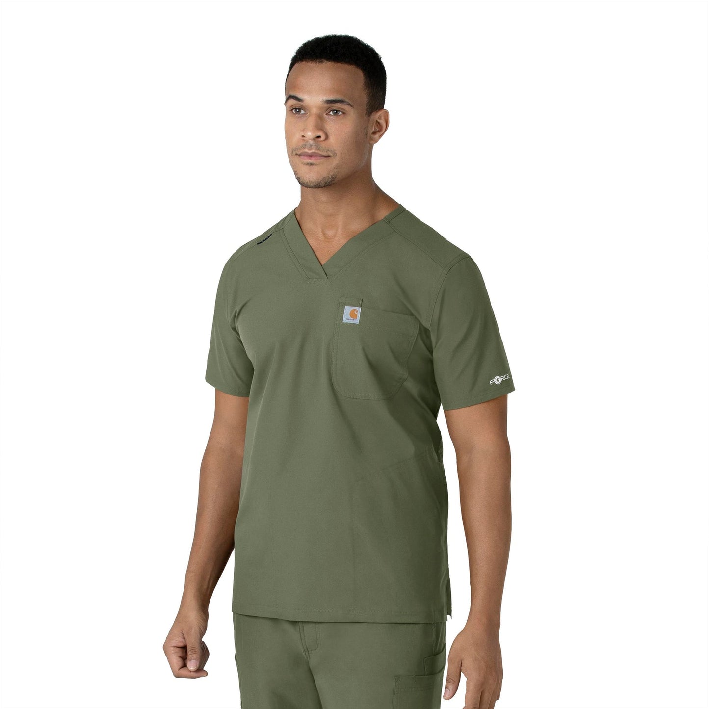 Force Essentials C16113 Men's V-Neck Shirttail Scrub Top Olive Model Image Front | Carhartt