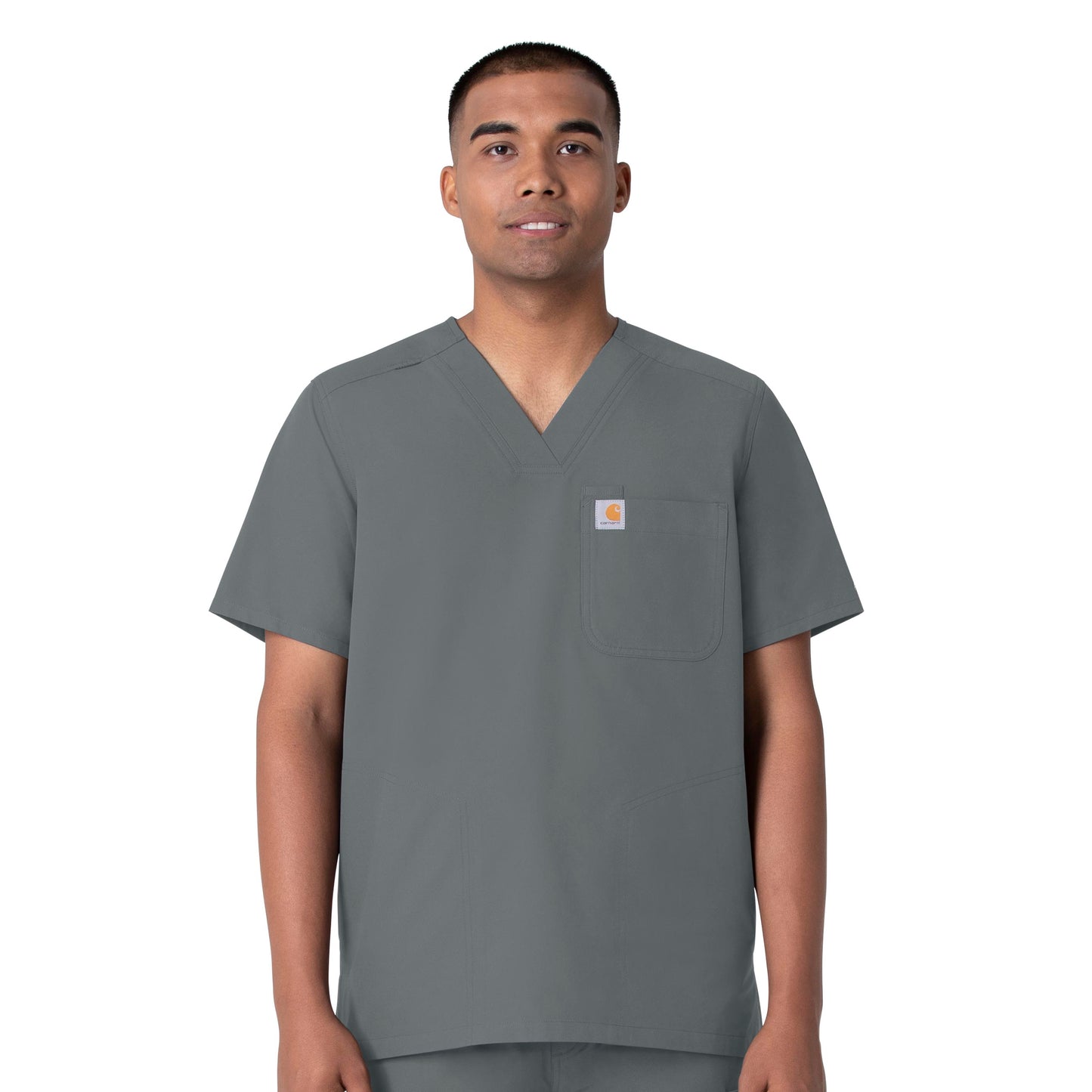 Force Essentials C16113 Men's V-Neck Shirttail Scrub Top Pewter Model Image Front | Carhartt