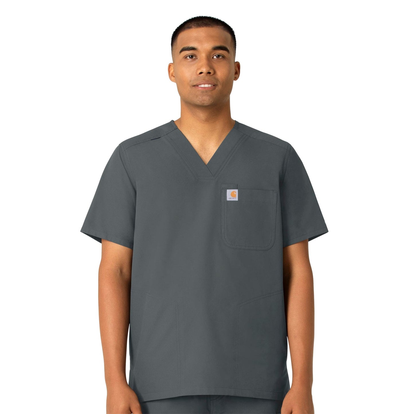 Force Essentials C16113 Men's V-Neck Shirttail Scrub Top Pewter Model Image Front | Carhartt