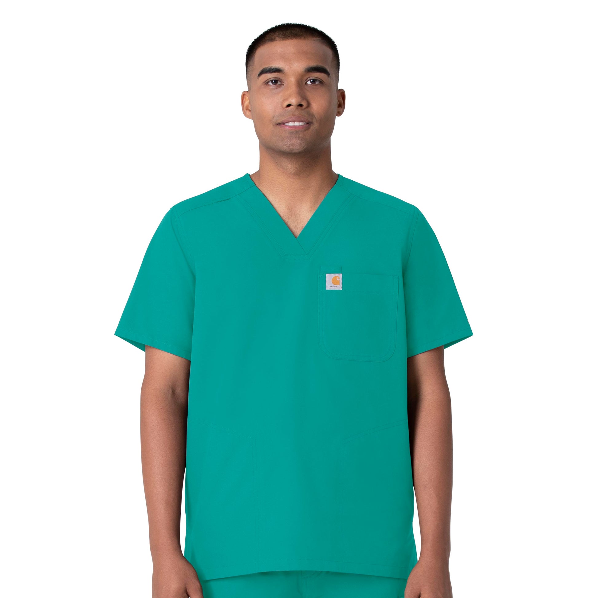 Force Essentials C16113 Men's V-Neck Shirttail Scrub Top Teal Blue Model Image Front | Carhartt