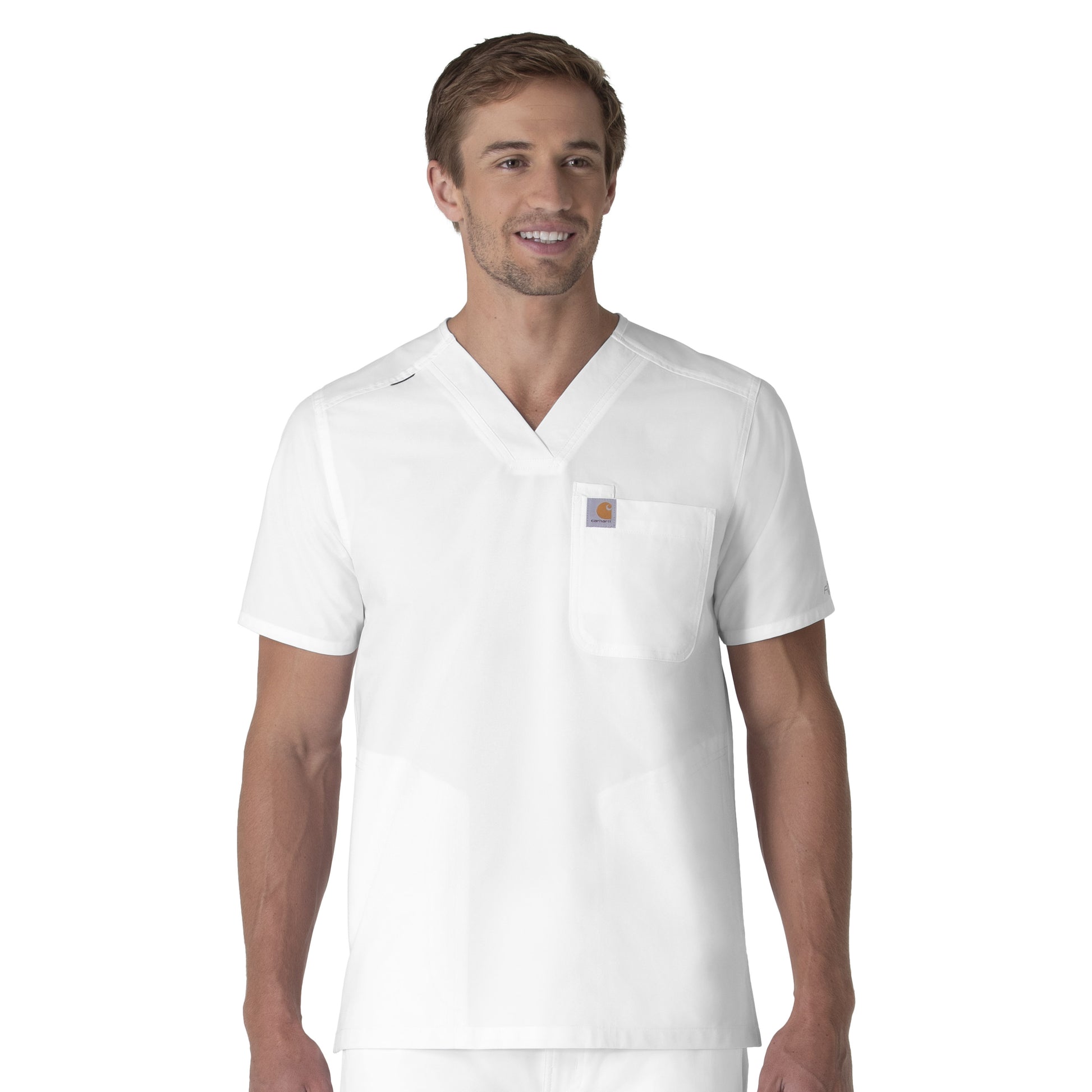 Force Essentials C16113 Men's V-Neck Shirttail Scrub Top White Model Image Front | Carhartt