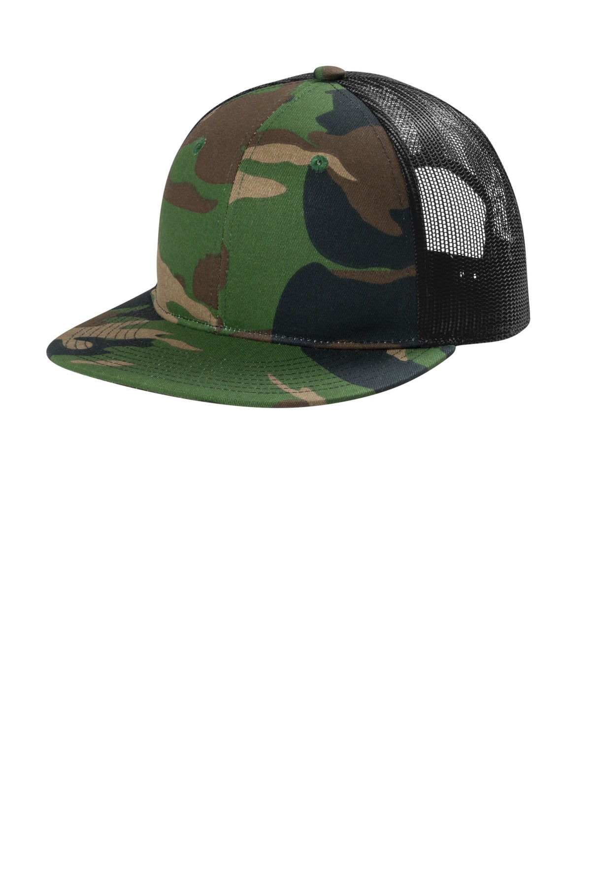 Port Authority Snapback Flat Bill Trucker Cap C407 Woodland Camo/ Black
