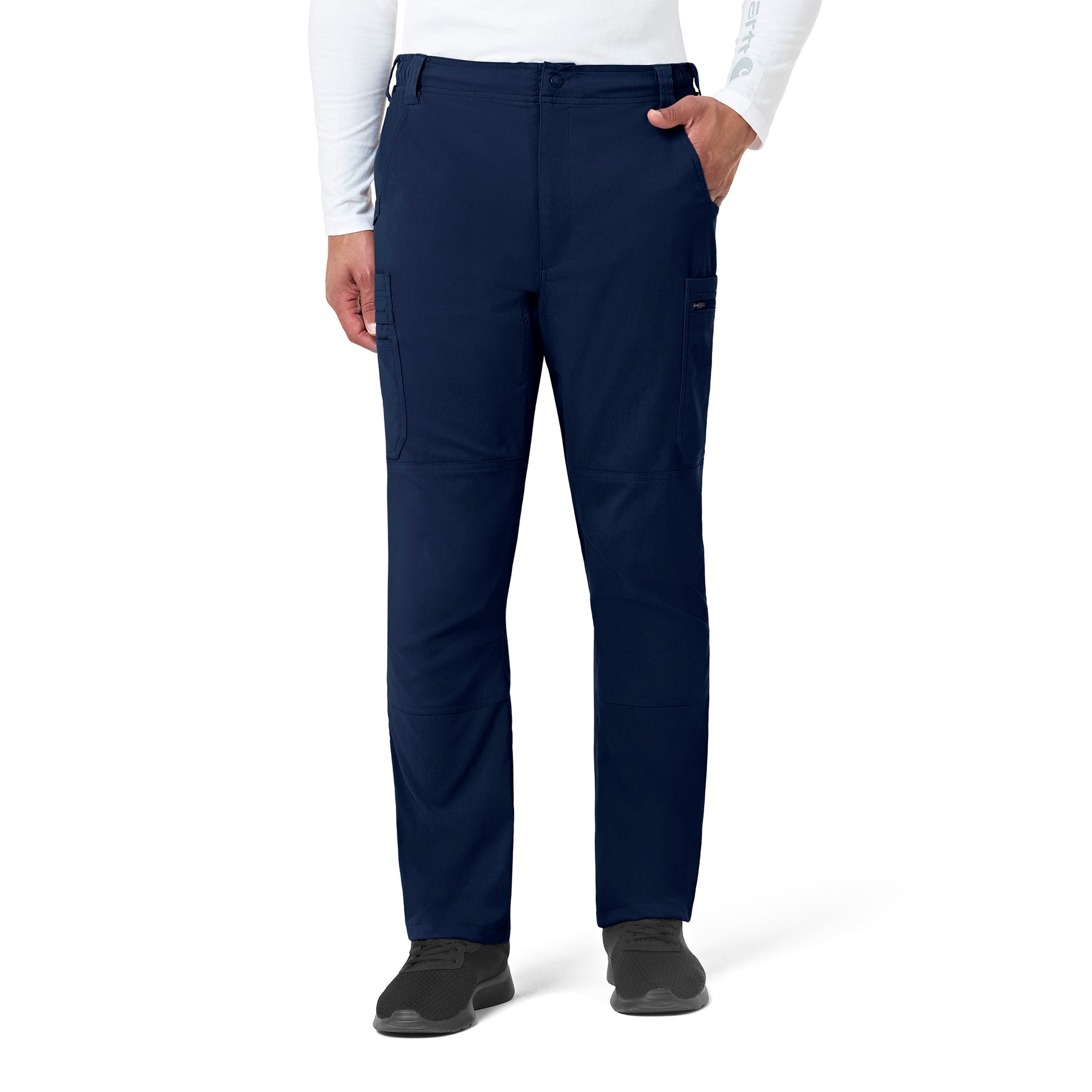 Rugged Flex Peak C55037 Men's Straight Leg Cargo Scrub Pant Navy Model Image Front | Carhartt