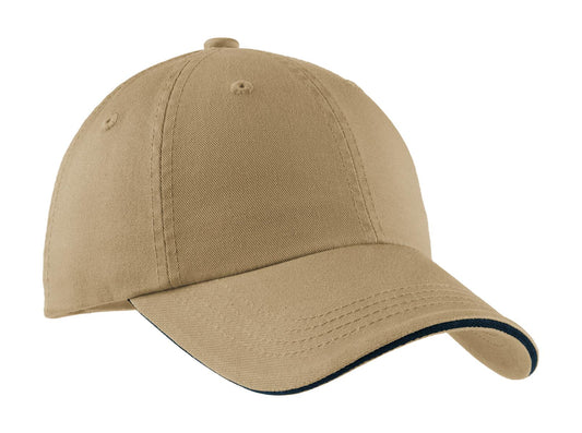 Port Authority Sandwich Bill Cap with Striped Closure C830 Khaki/ Charcoal Blue