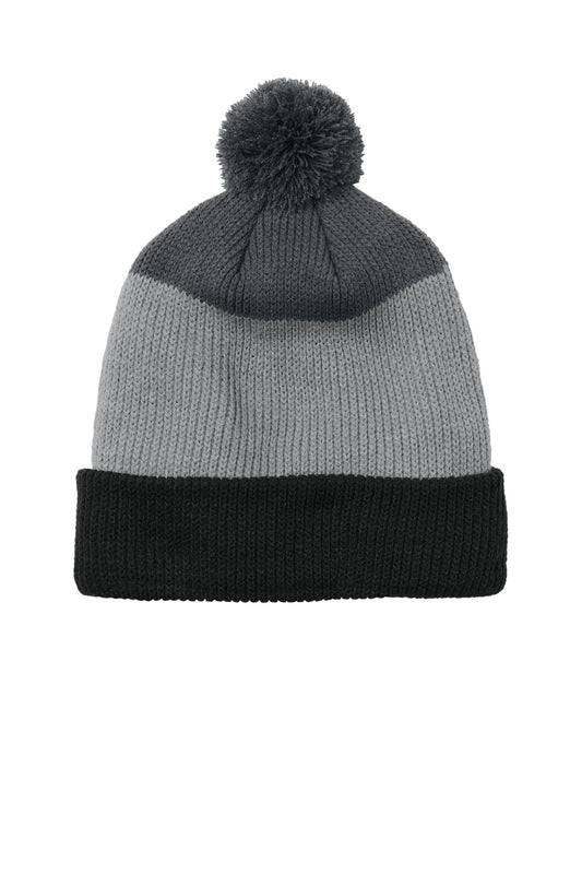 Port Authority Cozy Striped Pom Beanie C979 Deep Black/ Gusty Grey/ Storm Grey