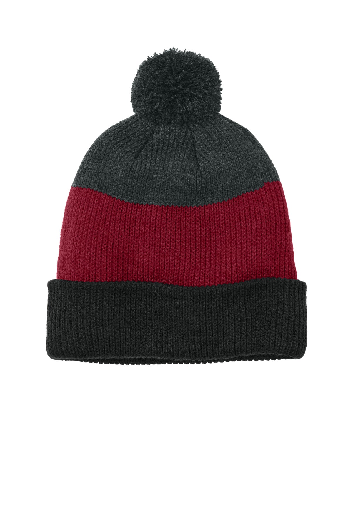 Port Authority Cozy Striped Pom Beanie C979 Deep Black/ Rich Red/ Charcoal Heather