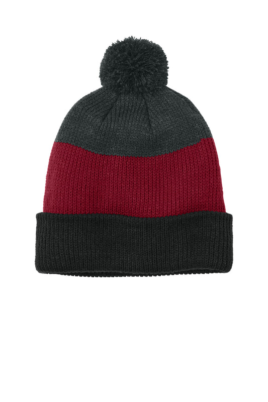 Port Authority Cozy Striped Pom Beanie C979 Deep Black/ Rich Red/ Charcoal Heather