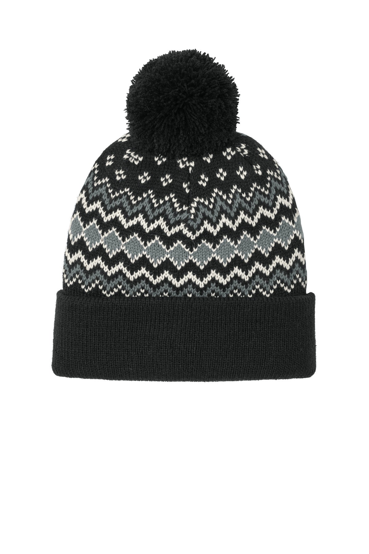 Port Authority Alpine Pom Beanie C991 Deep Black/ Gusty Grey/ Marshmallow