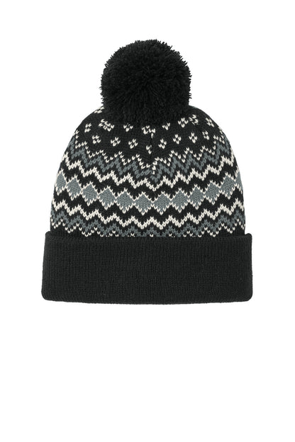 Port Authority Alpine Pom Beanie C991 Deep Black/ Gusty Grey/ Marshmallow