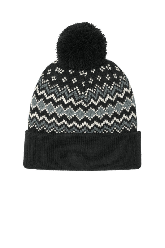 Port Authority Alpine Pom Beanie C991 Deep Black/ Gusty Grey/ Marshmallow