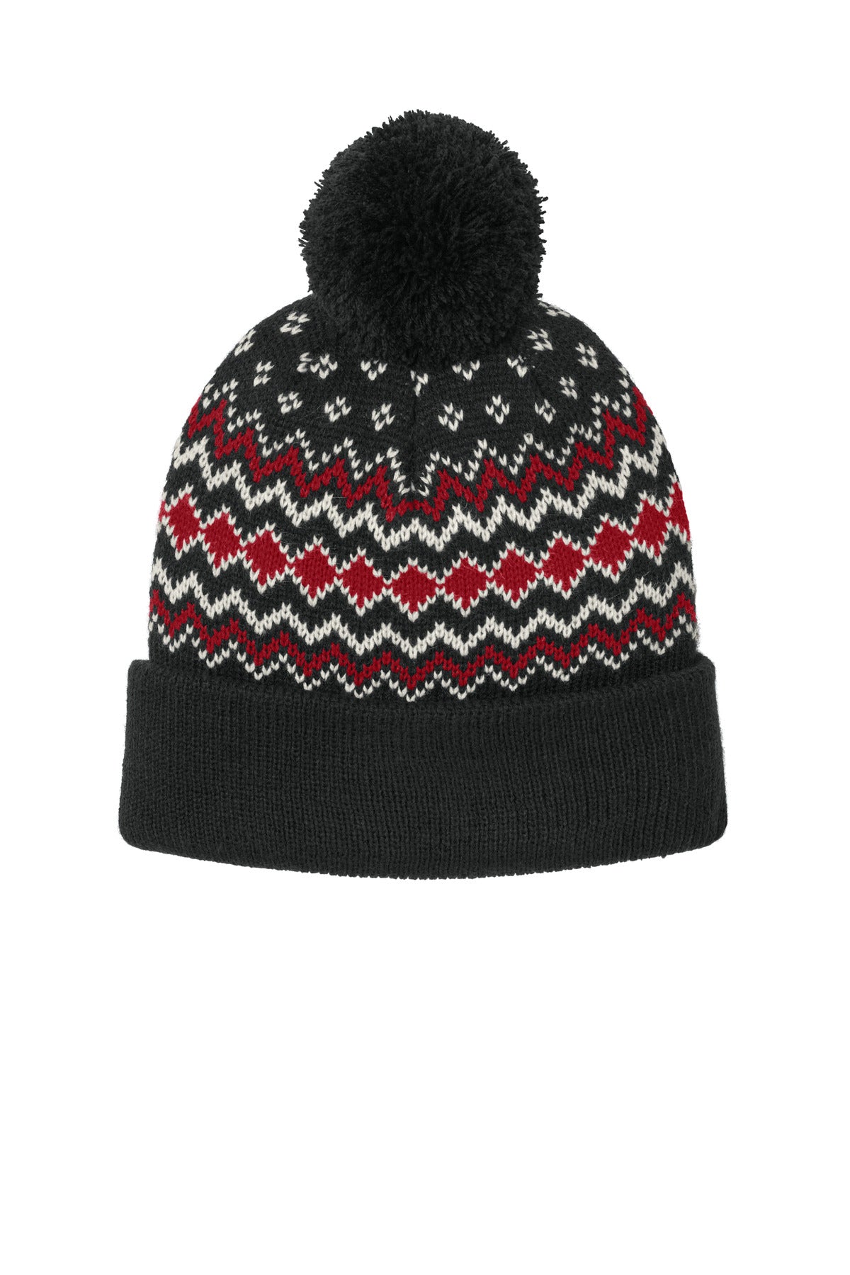 Port Authority Alpine Pom Beanie C991 Deep Black/ Rich Red/ Marshmallow
