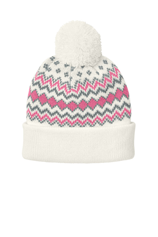 Port Authority Alpine Pom Beanie C991 Marshmallow/ Awareness Pink/ Gusty Grey