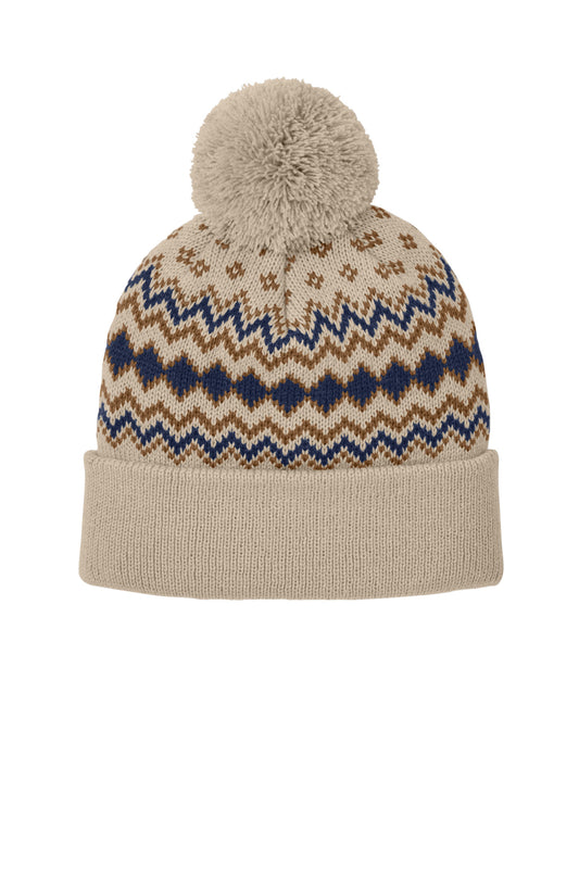 Port Authority Alpine Pom Beanie C991 Sahara/ True Navy/ Duck Brown