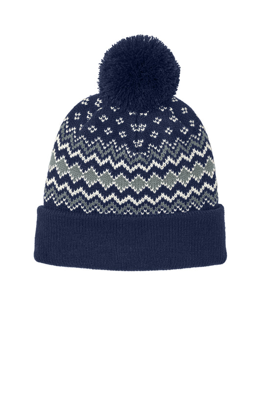 Port Authority Alpine Pom Beanie C991 True Navy/ Gusty Grey/ Marshmallow