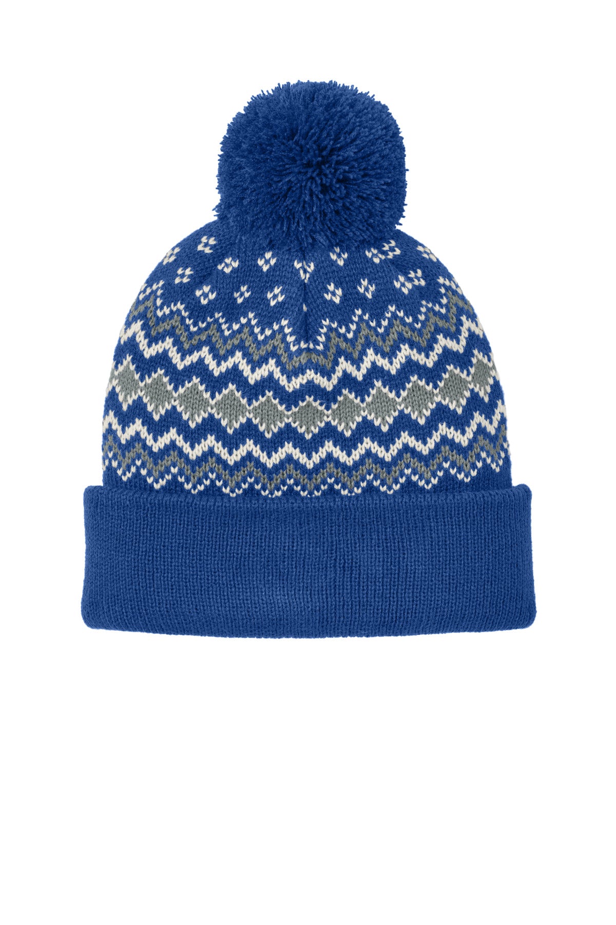 Port Authority Alpine Pom Beanie C991 True Royal/ Gusty Grey/ Marshmallow